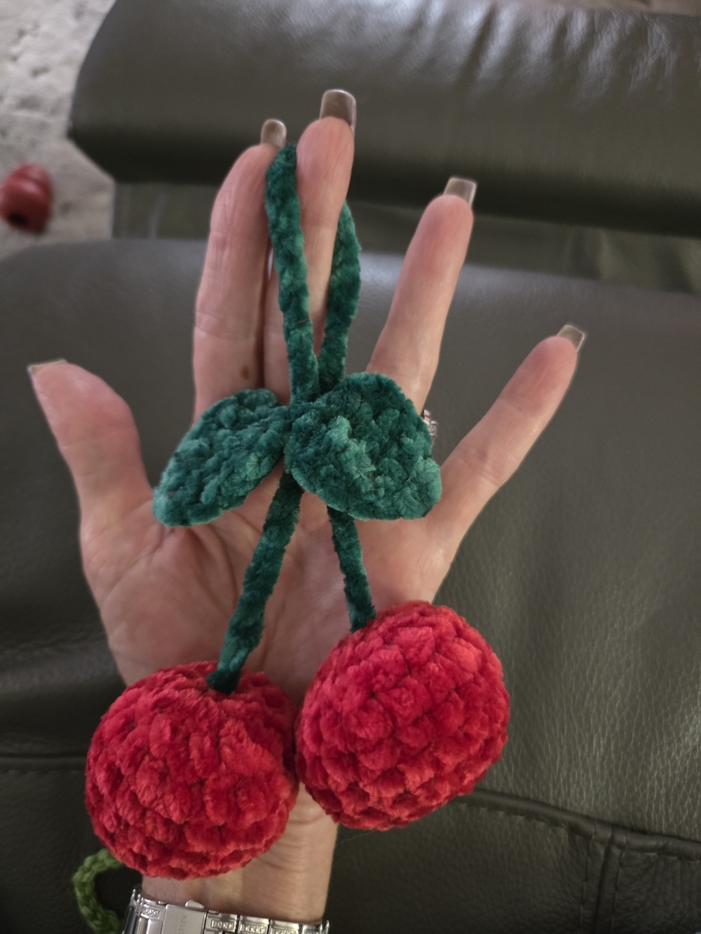 Plush Cherry Pom Pom Bag Charm - Green Leaves, Red Cherries And Strawberry Pic 1 - Picture 3 of 6